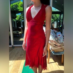 Jaw dropping vintage cache satin red dress halter top open back midi ruched